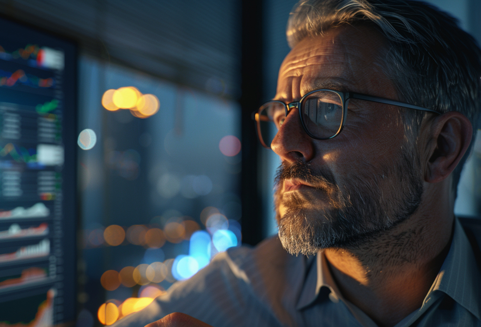 Mann mit Brille schaut auf Monitor mit Investment-Übersicht
