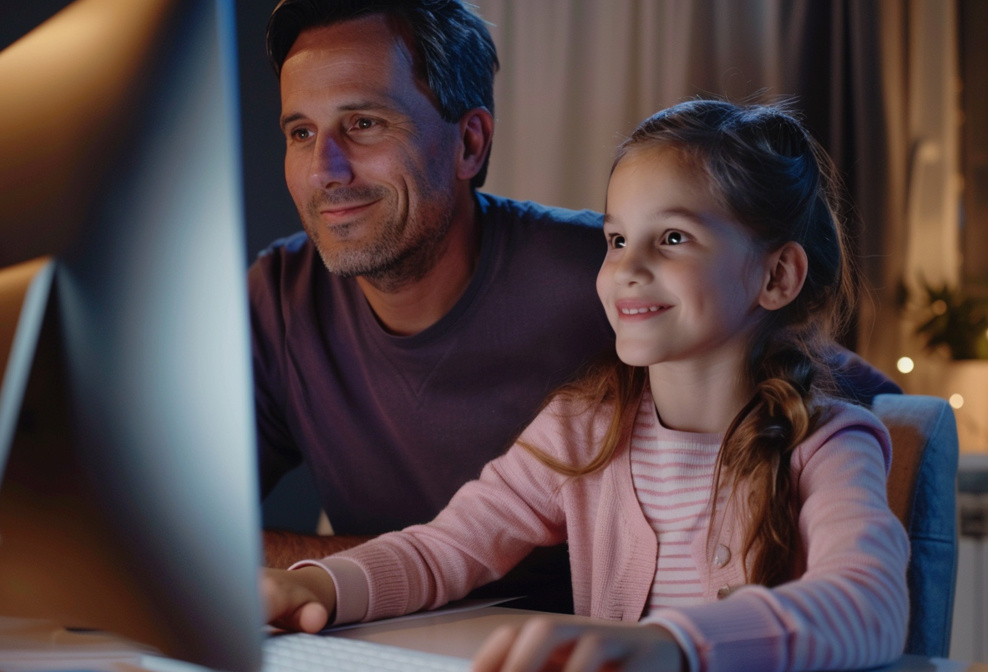 Vater und Tochter sitzen vor Computer-Bildschirm