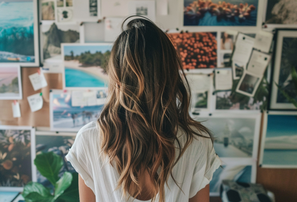 Frau betrachtet ihr Visionboard mit Fotos und Notizen