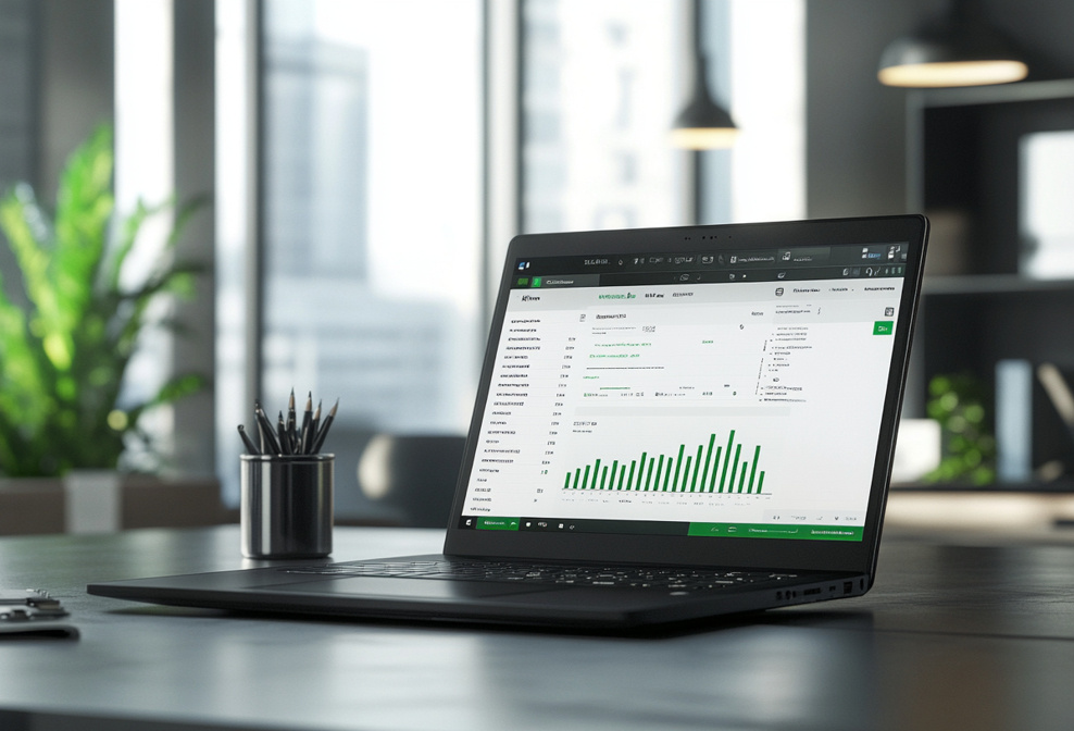 Laptop auf Schreibtisch zeigt ein Dashboard mit Balkendiagramm